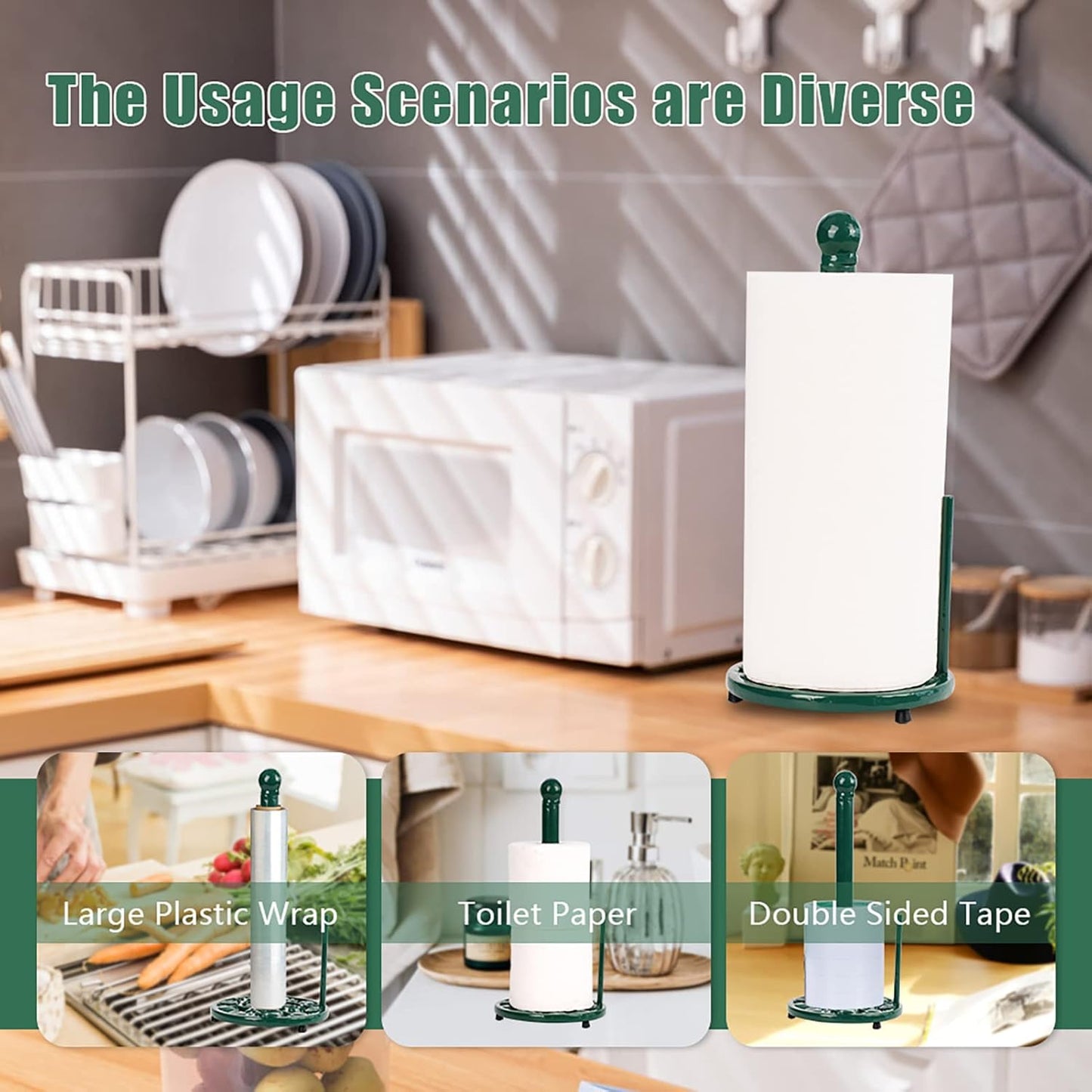 Cast Iron Paper Towel Holder, Vintage Chic Pumpkin Pattern Weighted Base Roll Paper Towel Holder Stand for Kitchen Bathroom Countertops, Green