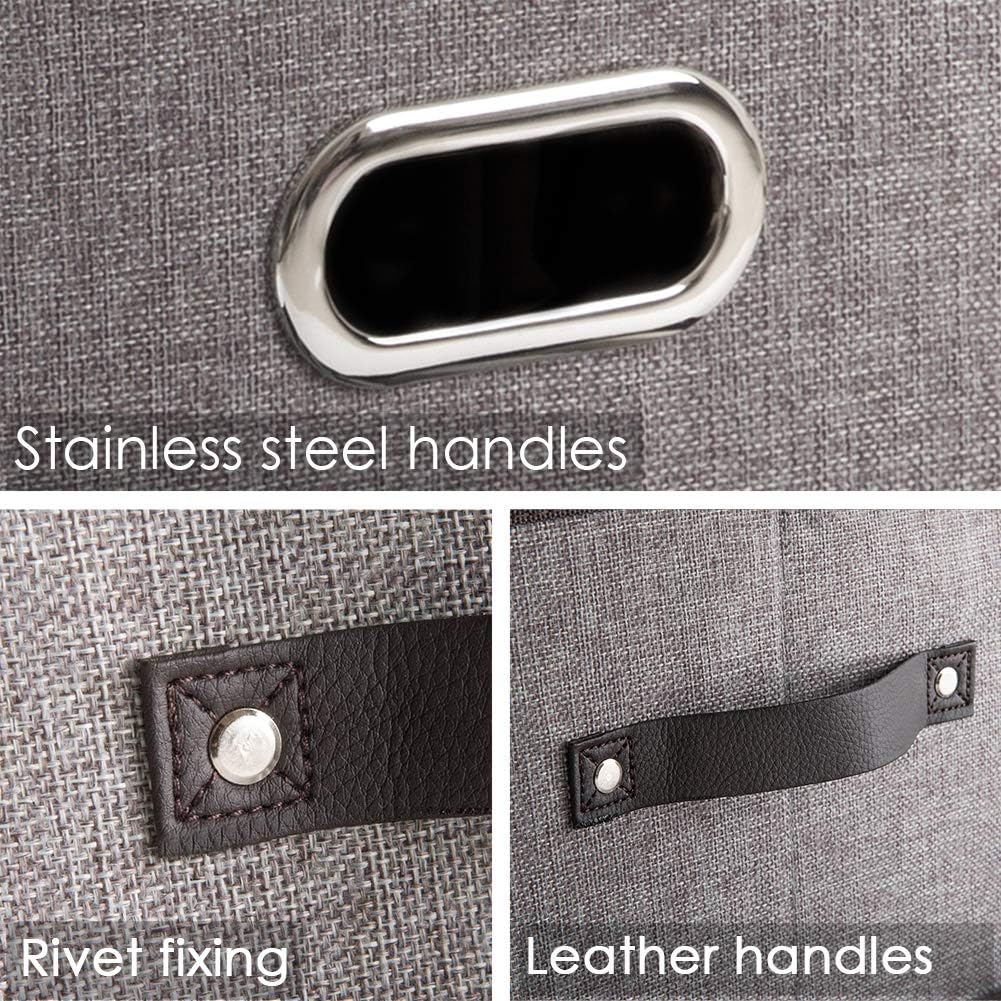 PRANDOM Fodable Storage Bins for Closet [3-Pack] Decorative Fabric Storage Baskets Cubes with Leather/Metal Handles for Shelves Bedroom Living Room Grey (11.5x8.5x6.7 Inch)