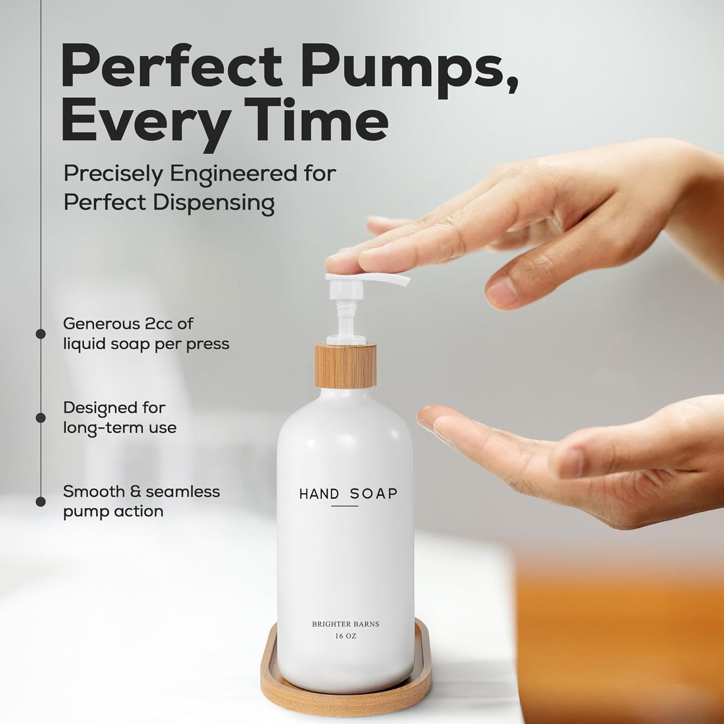 White Glass Soap and Lotion Dispenser Set with Tray by Brighter Barns - Hand Soap Dispenser Bathroom Set - Bamboo Bathroom Soap Dispenser Set - Minimalist Bathroom Accessories, Modern Home Decor