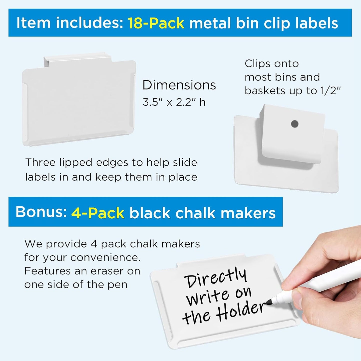 Metal Pantry Baskets Labels Clip On for Storage Bins | Edge Fold-Cream (Edge Fold-White, 18 Metal Label Clip)