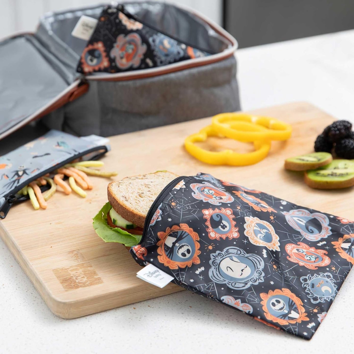 Bumkins - Cloth Snack & Sandwich Bags - For Storage, Travel, Food Prep, Lunch - Reusable, Water Resistant, Dishwasher Safe - Snack Bags for Kids - Zipper Closure - Nightmare Before Christmas - 4 Pack