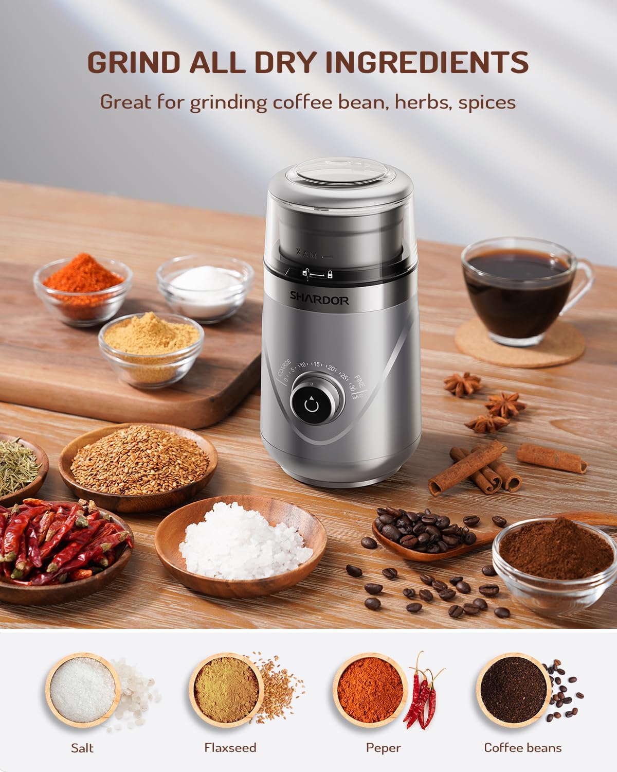 SHARDOR Adjustable Coffee Grinder Electric, Herb, Spice, Coffee Bean, Espresso Grinder with 1 Removable Stainless Steel Bowl, Silver,Updated,Version 2.0