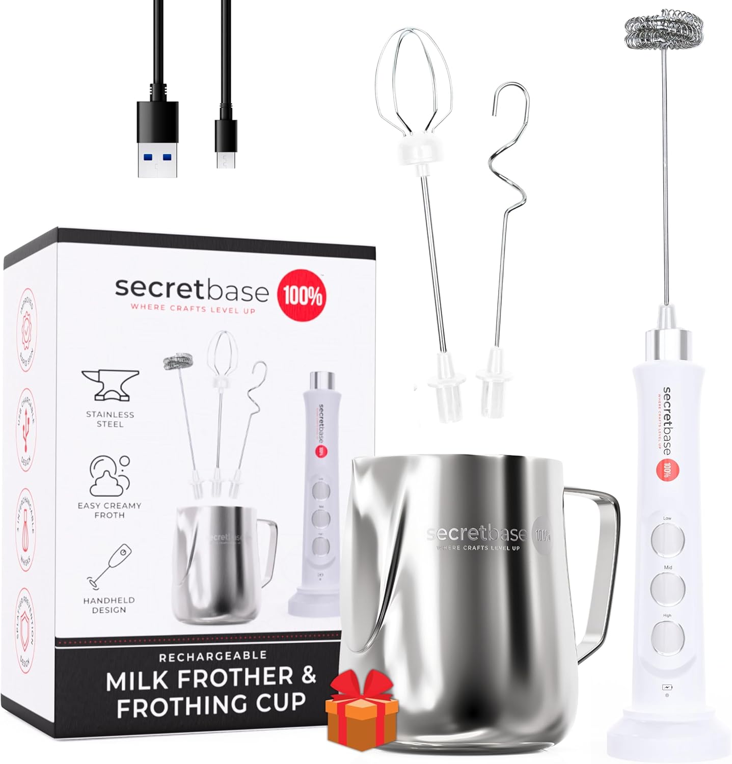 Secretbase 3 Speed Rechargeable Milk Frother, Pitcher, Charging Base - Handheld Mixer for Latte, Drinks, Matcha - Includes Cup, Electric Stirrer, Double-Whisk Frother for Coffee, Egg Beater (White)