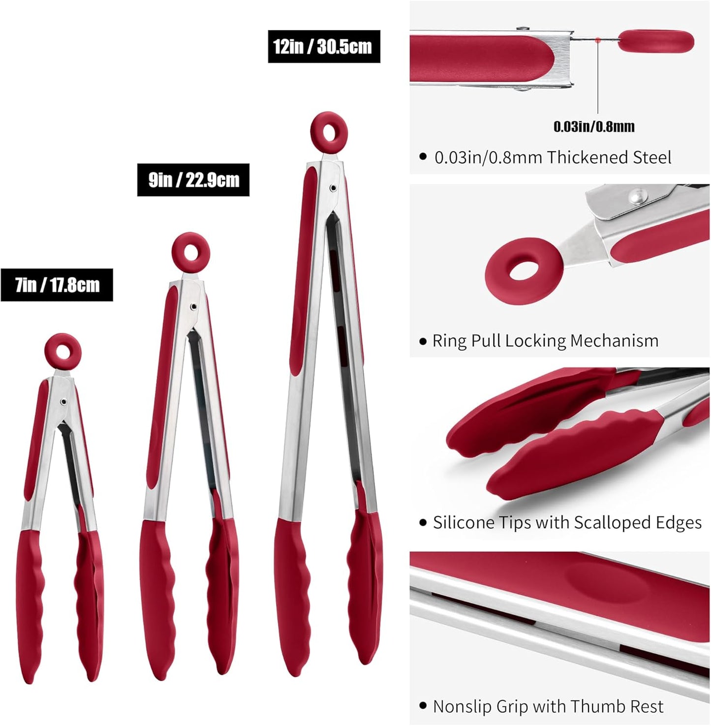 Doosu Kitchen Tongs for Cooking - 600°F Heat Resistant Food Tong Set with Non-Scratch Silicone Tips, Heavy Duty Stainless Steel Locking Tong for BBQ, Grilling Steak, Serving Salad (7+9+12in, Red)
