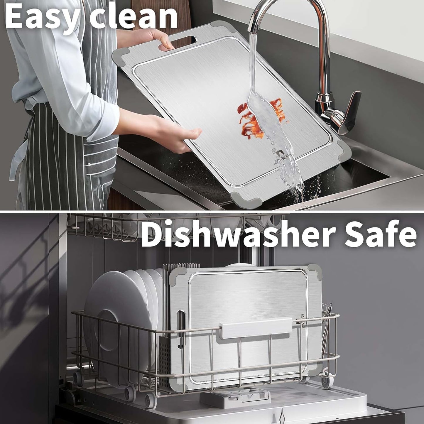 100% Pure Titanium Cutting Board with Grooves, Update Double Side Titanium Chopping Board, Silicone Anti-slip Stainless Cutting Boards for Kitchen 9 * 13 IN, Grey