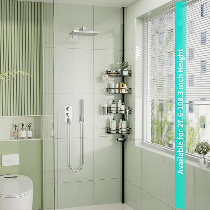 HapiRm Corner Shower Caddy Organizer - Shower Organizer Corner with Soap Holder, Toothbrush Holder and 4 Hooks, Rustproof Bathroom Shelf Tension Pole Available for 27.6 to 108.3 Inch - Black