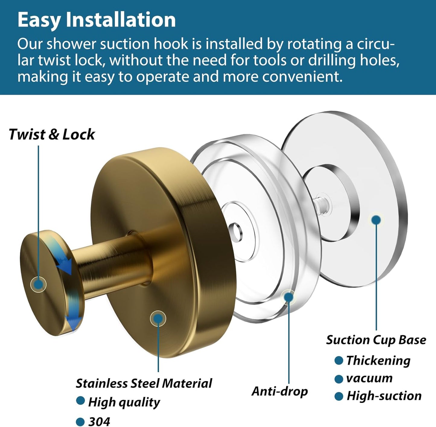 Suction Cup Hooks for Shower, 4 PCS No-Drill Towel Holder for Bathrooms Wall, Glass Door, Mirror, Tiles, Kitchen, Hold Robe & Wreath, Hanging up to 15 lbs – Waterproof & Rustproof, Loofah-Gold