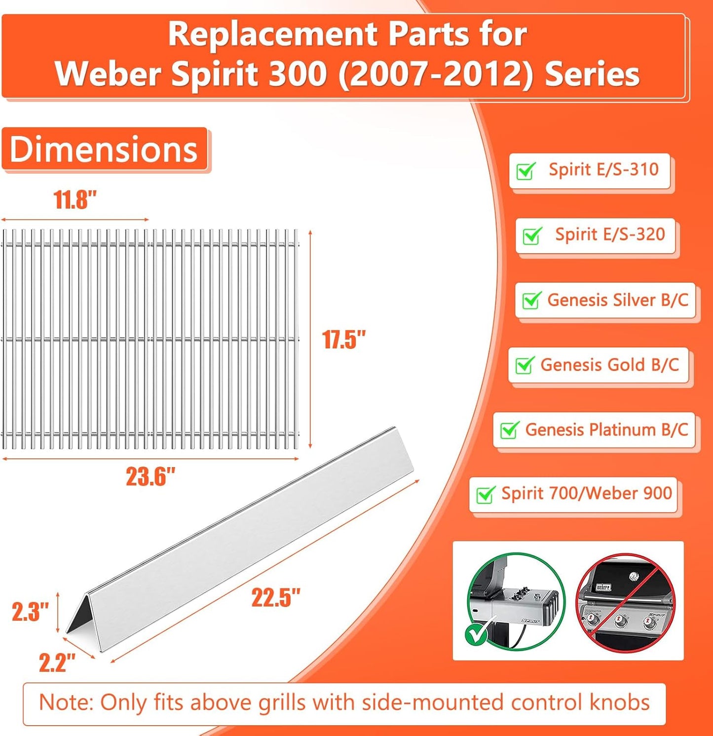 Grill Parts for Weber Genesis Silver B/C, Spirit 300/700, Weber 900 (Side Control), Genesis Gold/Platinum B/C Replacement for Weber 7525 Grates, Weber 7537, 17.5 Grill Grates, 22.5" Flavorizer Bars