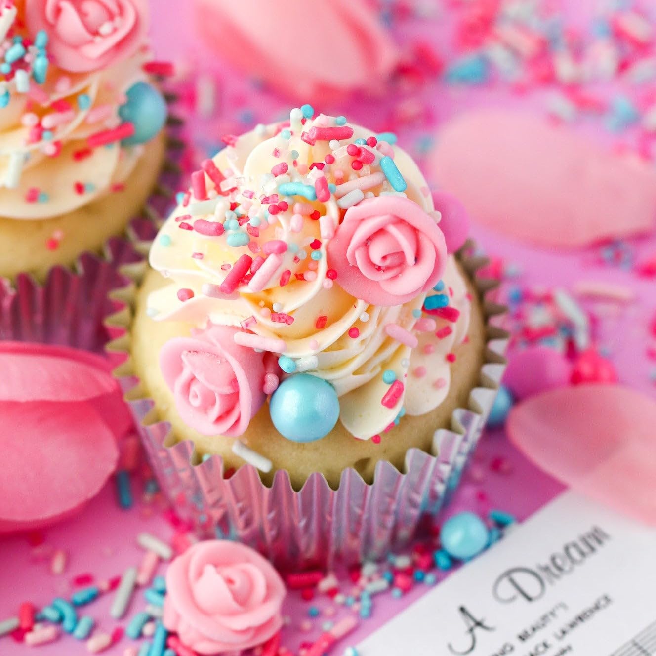 Sprinkle Pop Briar Rose Princess Sprinkle Mix| Pink and Blue Sprinkles with ~6 Hand Piped Royal Icing Roses| Birthday Sprinkles Made in USA for Decorating Cake Cupcakes Donuts Cookies Ice Cream, 2oz