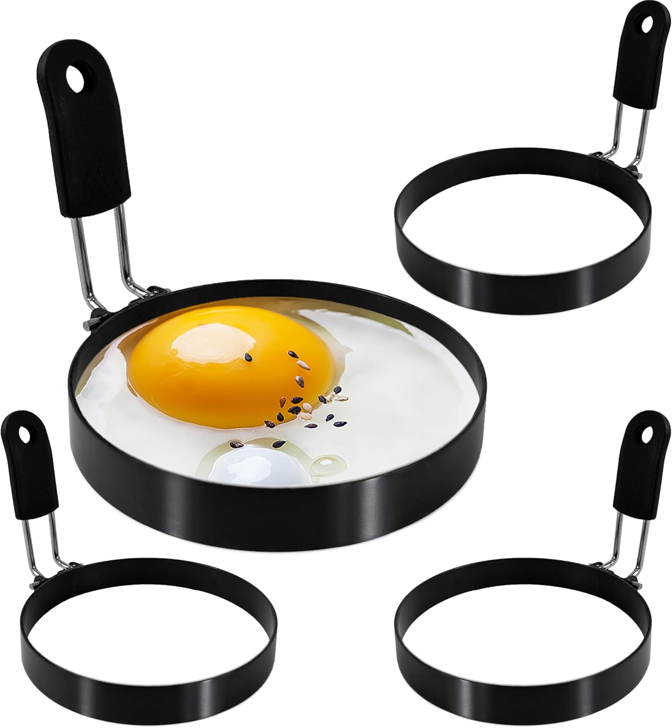 4 packs 3.5'' Egg Rings Set with Silicone Handle, Stainless Steel Egg Cooking Rings,Nonstick，For Frying Eggs and Egg Mcmuffins, Egg Mold For Breakfast