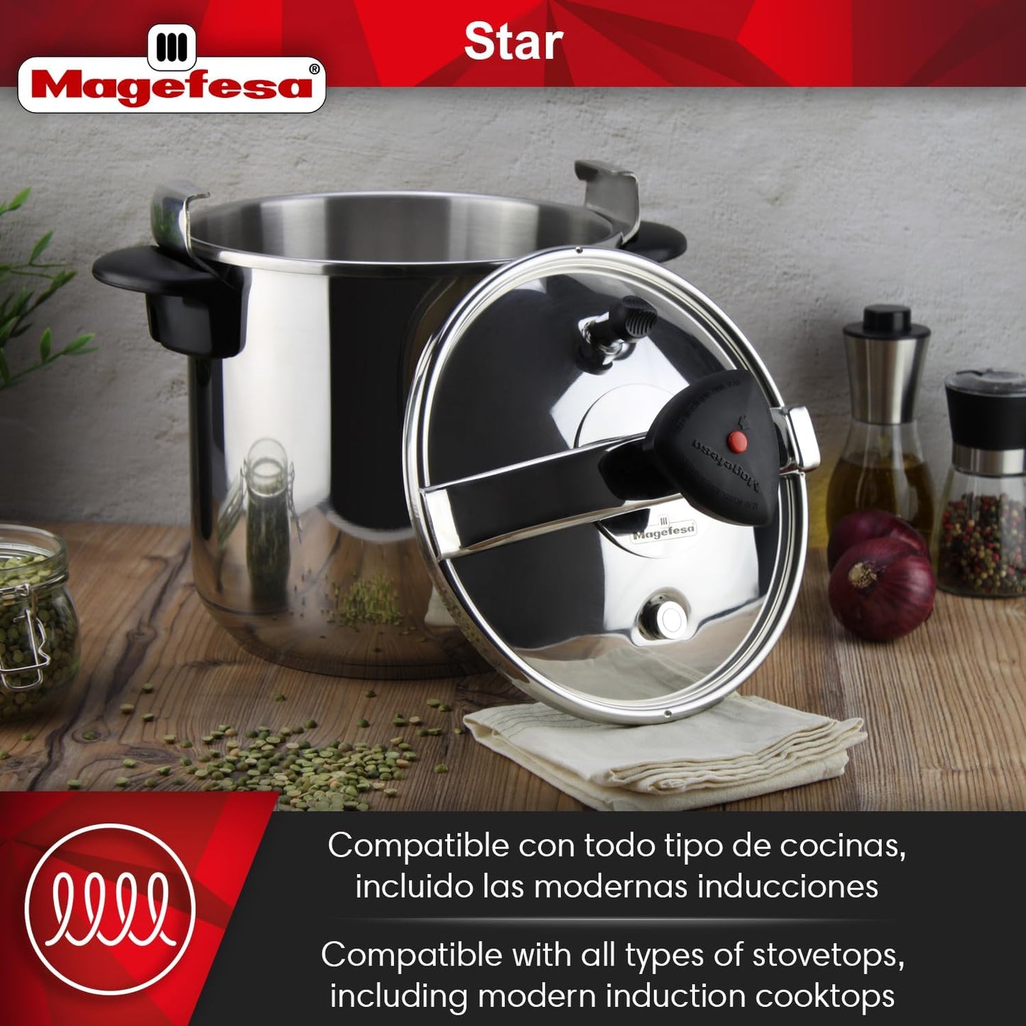 MAGEFESA Star Pressure Cooker, 10.6-Quart, 18/10 Stainless Steel, Works on All Stovetops (Induction Compatible), Safety Lock & 8 PSI Cooking