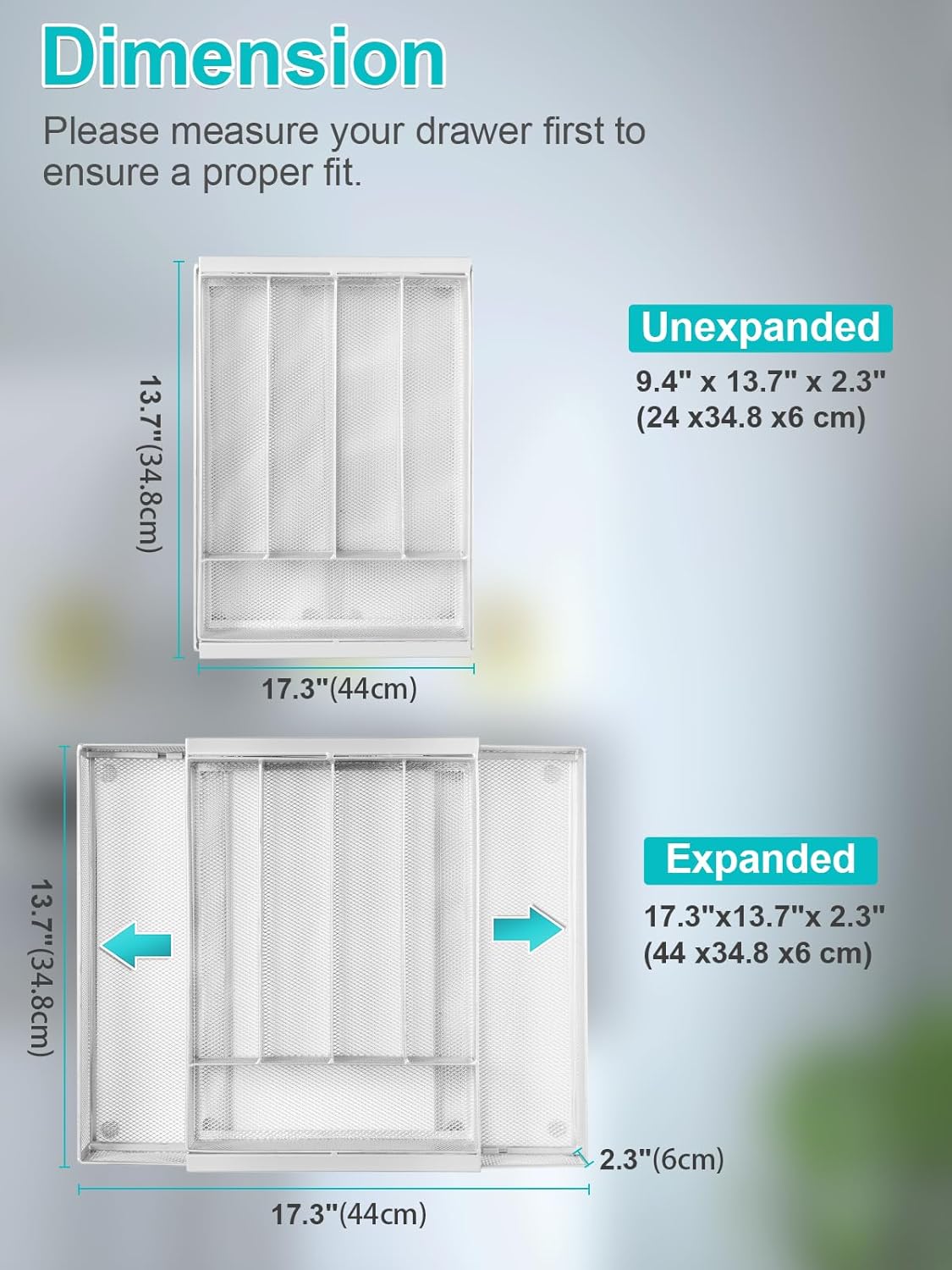 Silverware Organizer Metal Mesh, Drawer Organizer, Utensil Cutlery Tray for kitchen drawers,Expandable Flatware Organizer with 7 Compartment White 9.4"~17.3" x 13.7"