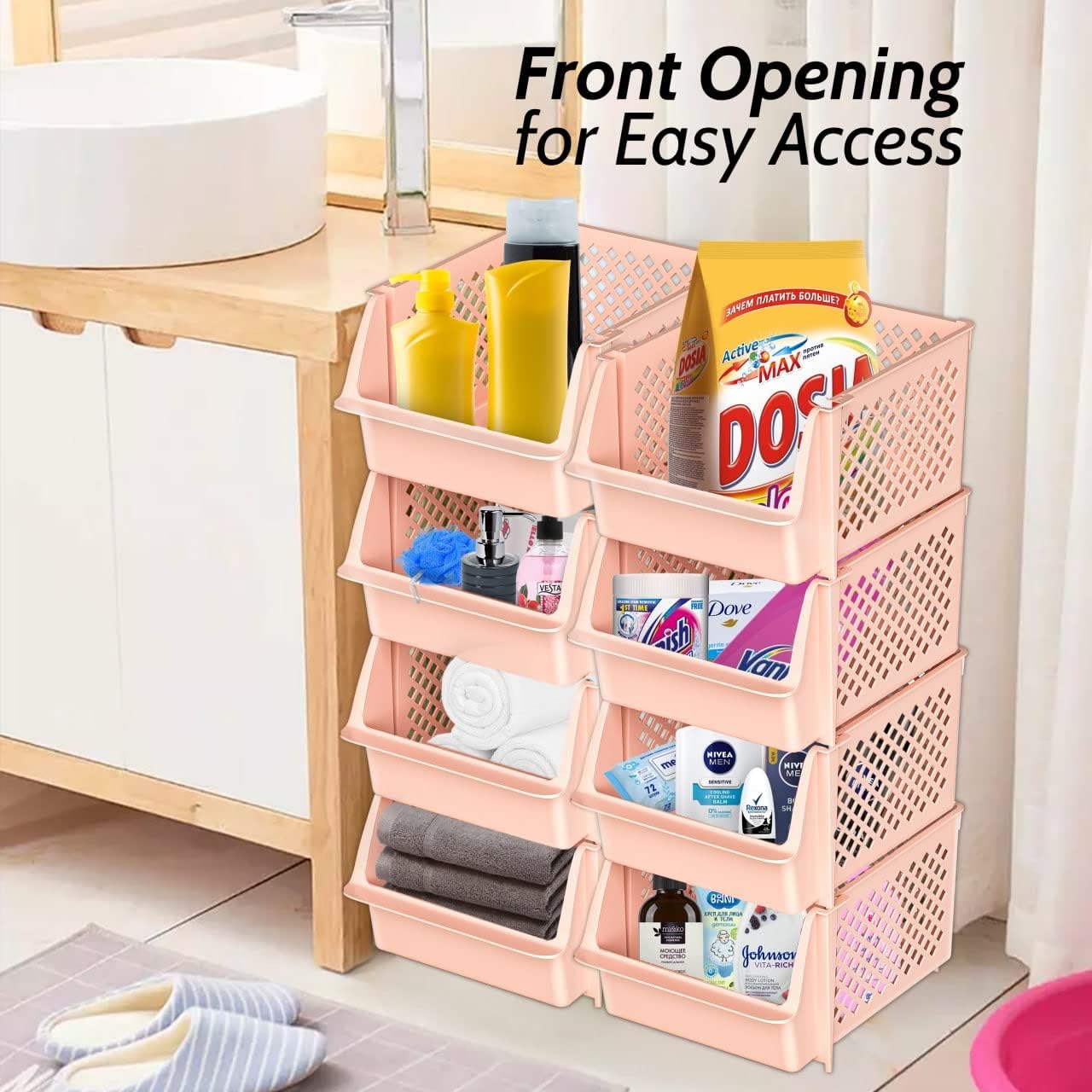 Skywin TidyFriend Stackable Storage Bins for Pantry, 4 Pack Stackable Bins For Organizing Food, Kitchen, and Bathroom Essentials (Cream)