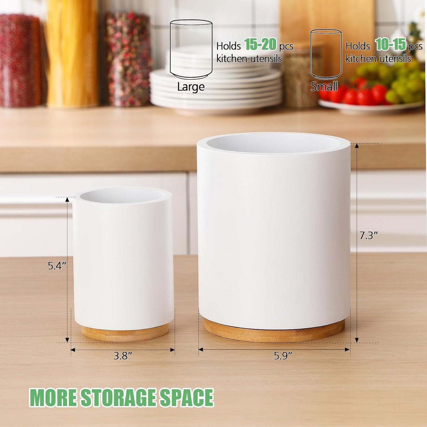 2 Pack Wooden Utensil Holder, 360°Rotating Kitchen Cooking Utensil Crock, Spoon Spatula Holder for Kitchen Counter, Farmhouse Countertop Organizer(White,Round)