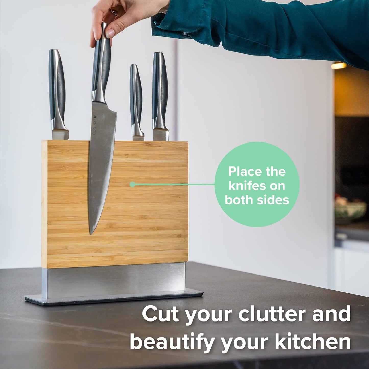 Coninx Magnetic Knife Holder with display stand, Double Sided Strong Magnetic Knife block for Kitchen counter top, Universal empty storage Organizer Block (Bamboo Wood)
