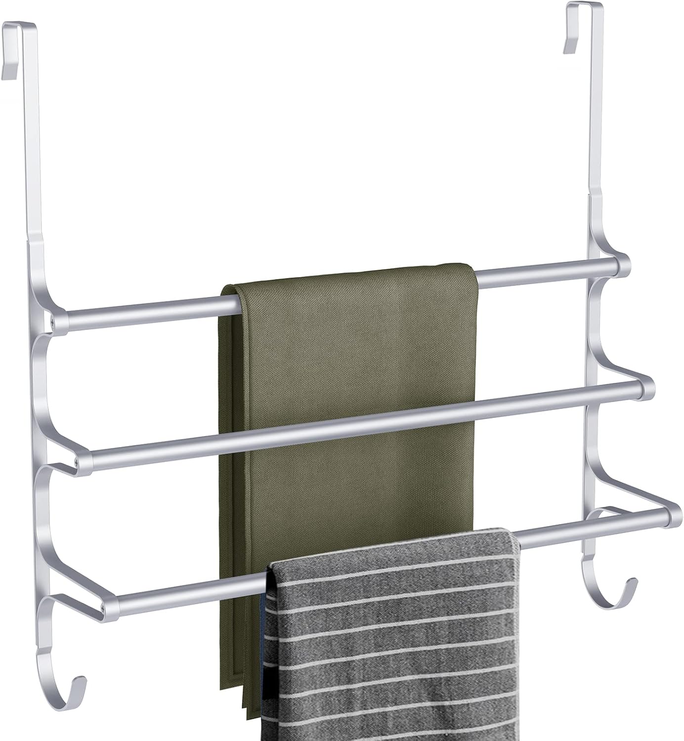 Over The Door Towel Rack, Triple Towel Storage Holder with Hooks, 24.02 Inches Towel Bar Hanger Towel Racks for Bathroom (Silver)