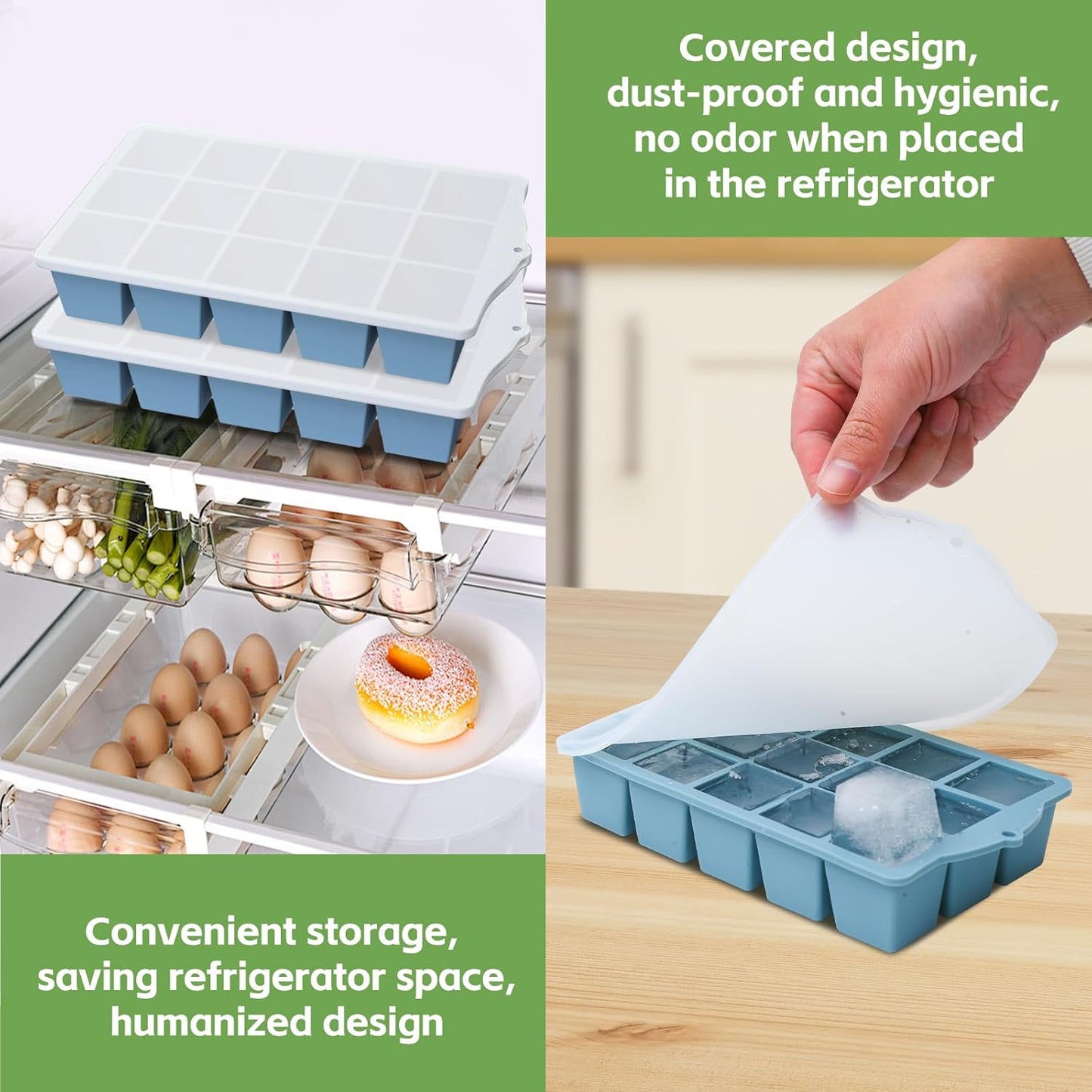 Silicone Ice Cube Tray, 2 Pack Easy-Release Stackable Ice Trays for Freezer with Lid 15 Reusable Cubes, Food Grade BPA Free Ice Molds for Whiskey, Baby Food, Coffee, Cocktail, Drinks (Blue)