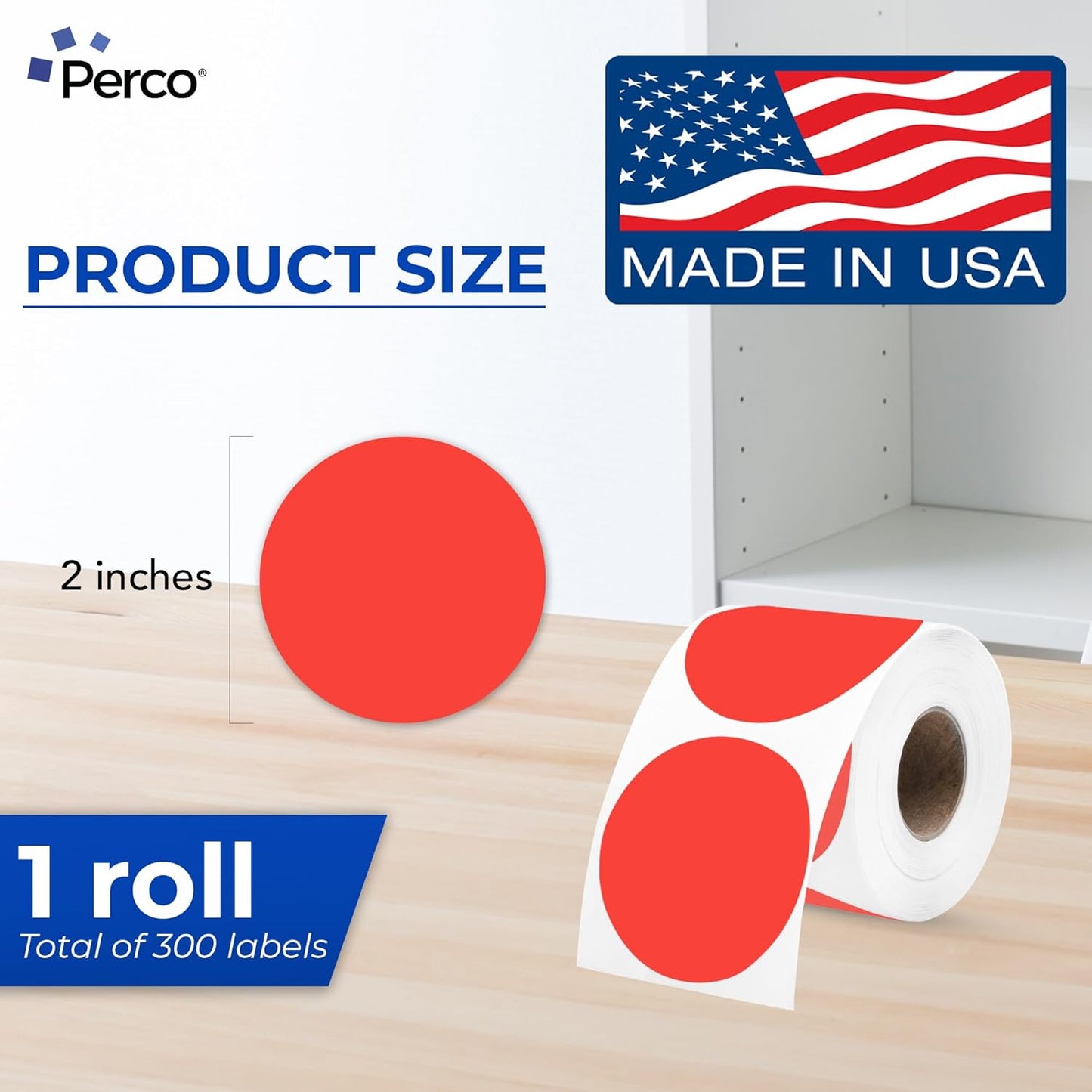 Perco Red 2-Inch Perforated Circle Dot Thermal Sticker Labels — 300 Stickers/Roll, Direct Thermal Printer Compatible—with Permanent Adhesive for Organizing, Color Coding, Bin Labeling—Made in USA