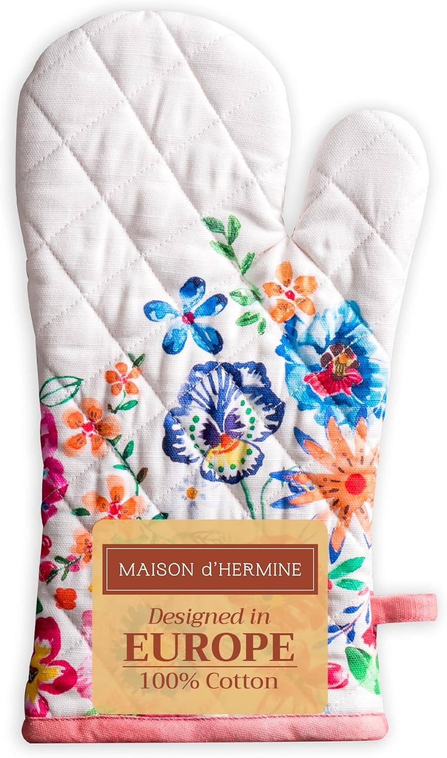 Maison d' Hermine Oven Gloves 100% Cotton Oven Mitt 7" x 13" with Loop Heat Resistant, BBQ, Cooking Gloves, Grilling, Kitchen, Handling Hot Pans Spring/Summer (Pack of 1, Happy Florals - High Summer)