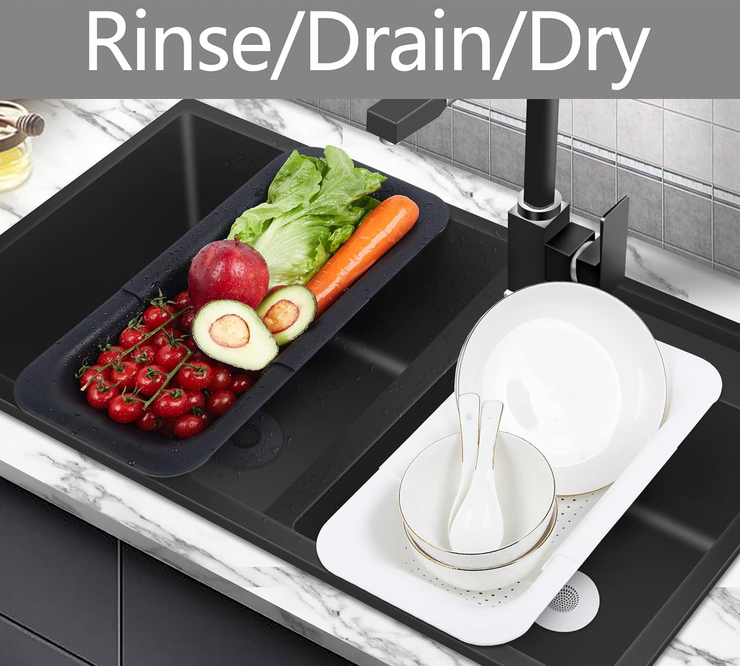 Adjustable Over the Sink Colander Strainer, Silicone Clip On Strainer for Pots Strainers and Colanders Plastic Drainer Basket for Food Pasta Vegetables Kitchen, Extendable 14.5"-19.5", Black