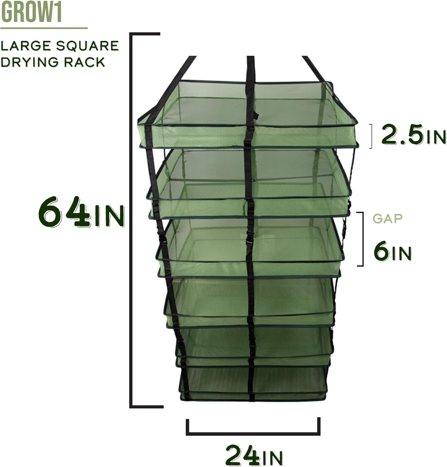 Grow1 Large Square Drying Rack 6-Layer 24x24in Collapsible Mesh Herb and Flower Hanging Dryer with Carrying Case and Center Support Strap
