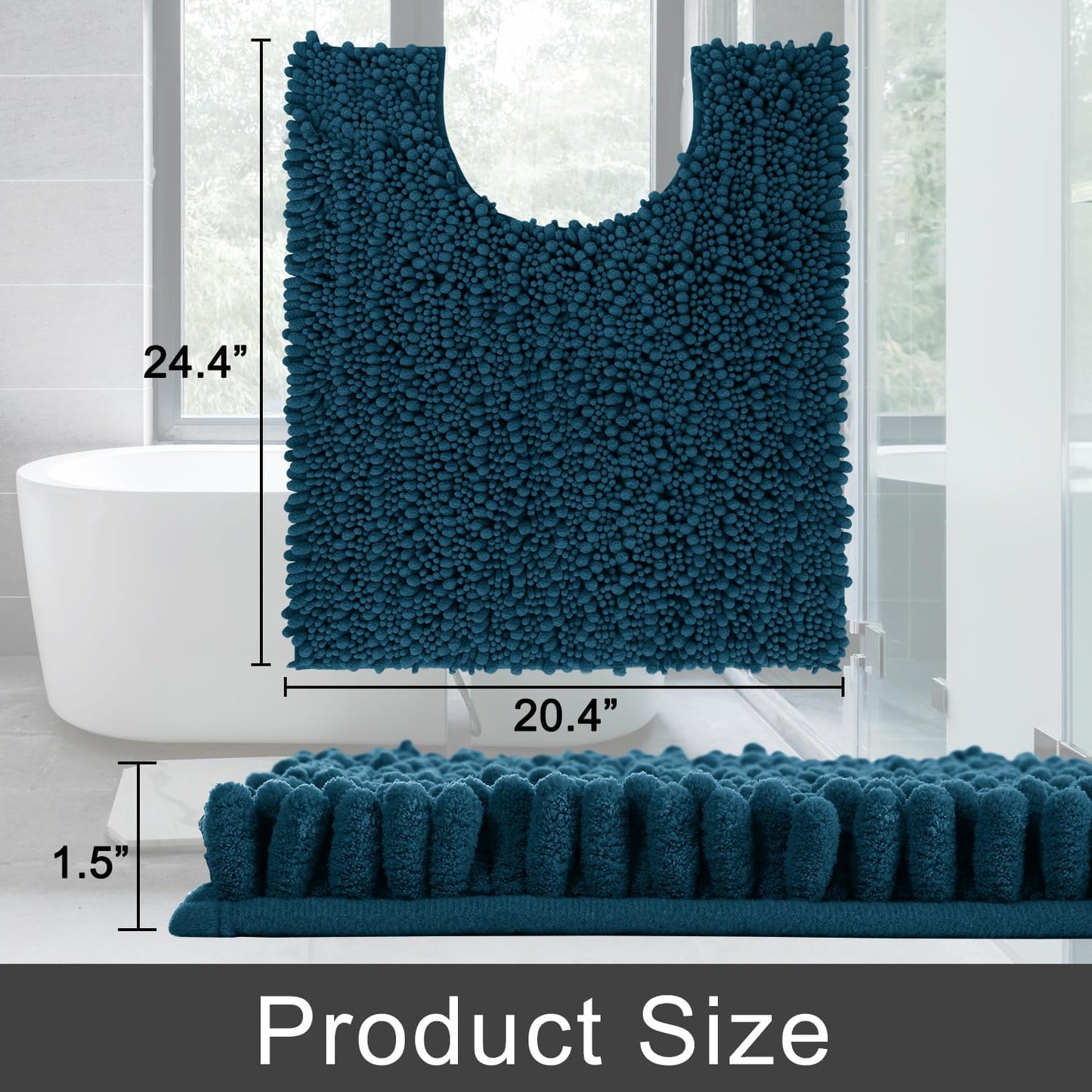 Yimobra Toilet Rug U Shaped Washable 24x20 Inch - Ultra Soft Absorbent Chenille Bath Rugs for Toilet, Quick Dry & Machine Washable, Non Slip Contour Bathroom Mat, Peacock Blue