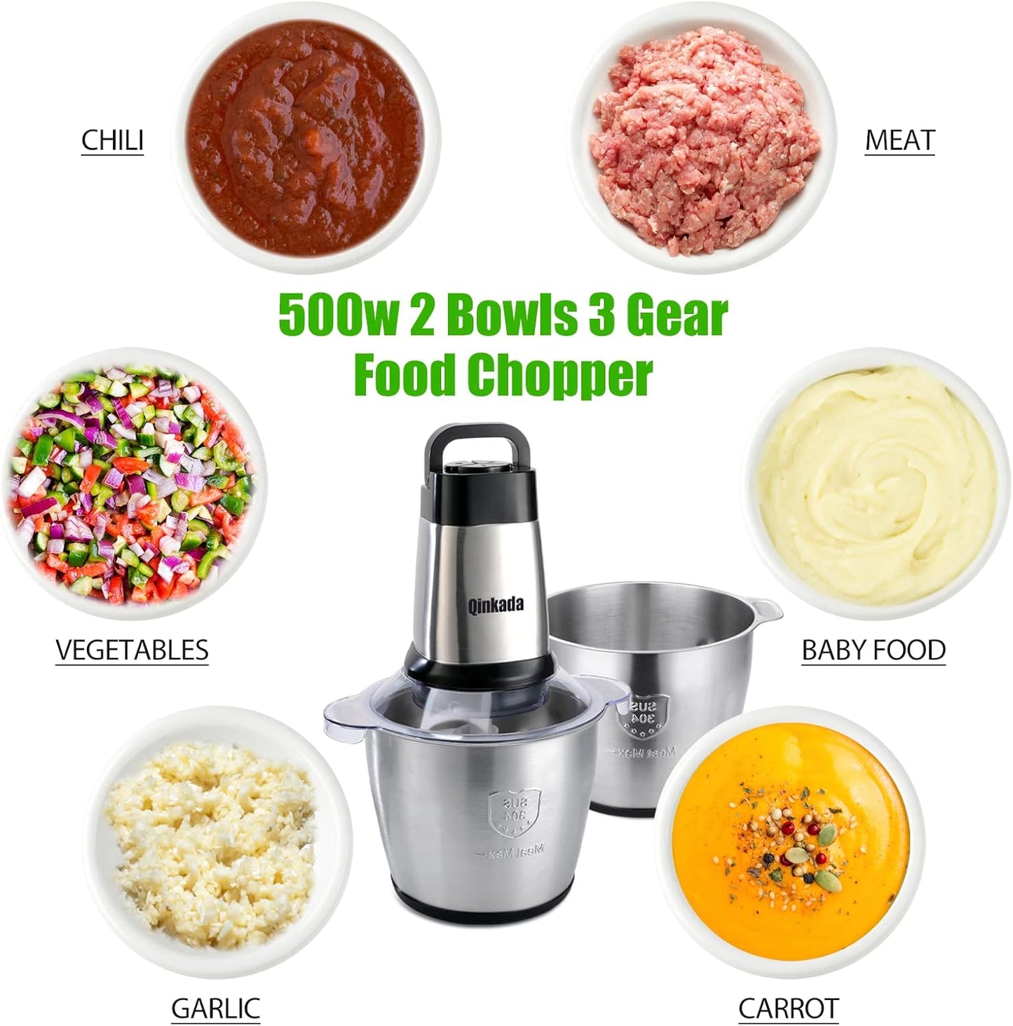Food Processor, 2 Stainless Steel Bowls, 14Cup, 500W Powerful Electric Meat Grinder, 3 Speed Modes 4 Bi-Level Blades for Onion, Meat, Nuts, Fruit, Garlic, Vegetable, Baby Food