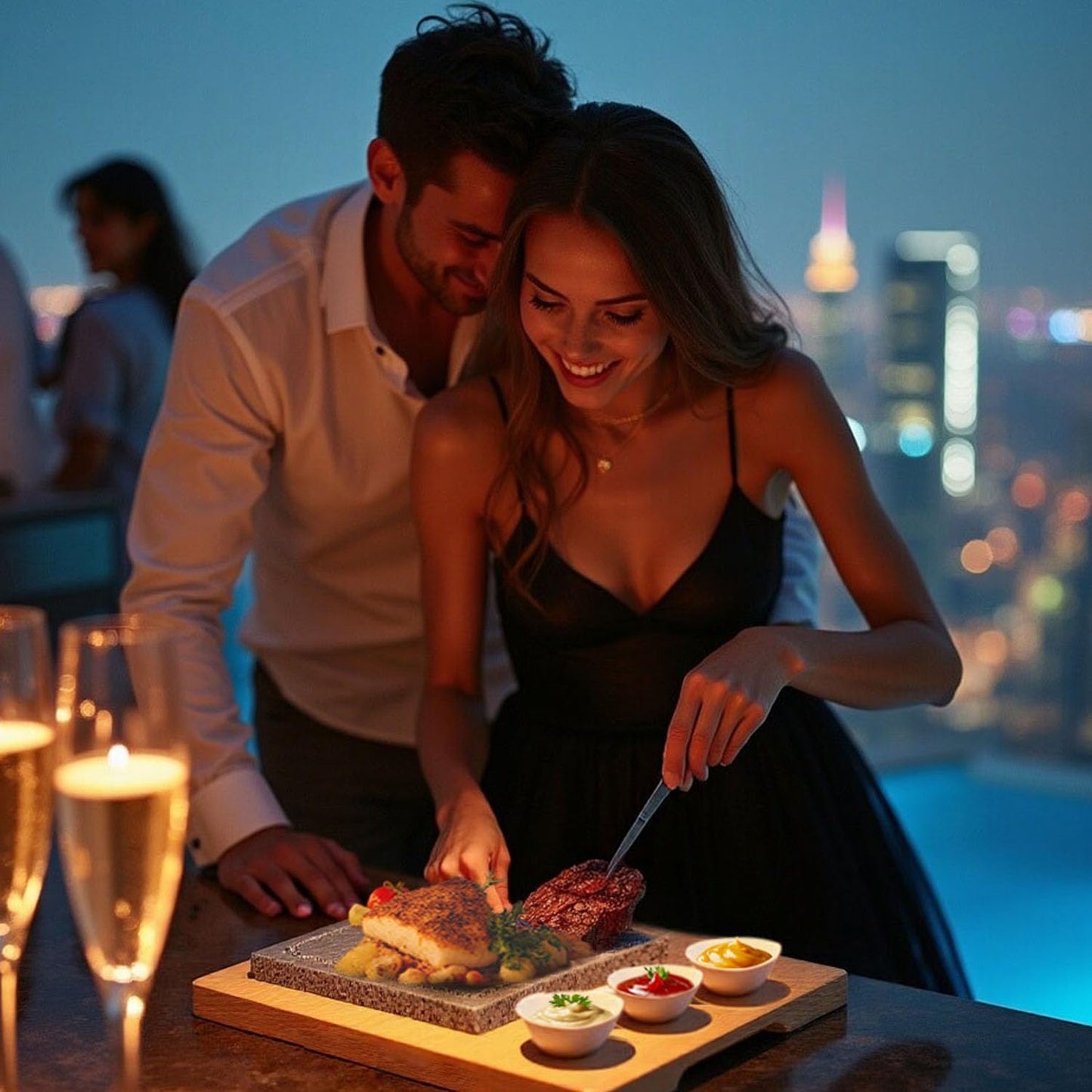 Artestia Professional Steak Stone Grill Set - 2pcs Natural Granite Cooking Stones for Indoor & Outdoor BBQ Hibachi - Heat-Resistant Stones (2 Granite Stone+1 Bamboo Tray+3 Sauce Bowls)