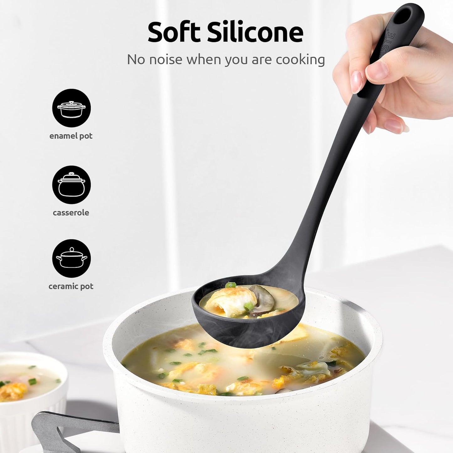 2.6oz Small Silicone Soup Ladle: U-Taste 600ºF Heat Resistant Non-Stick Kitchen Deep Serving Spoon, Soft Cooking Utensil with Non-Slip Solid Handle for Mixing Sauce Stew Gravy (11in, Black)