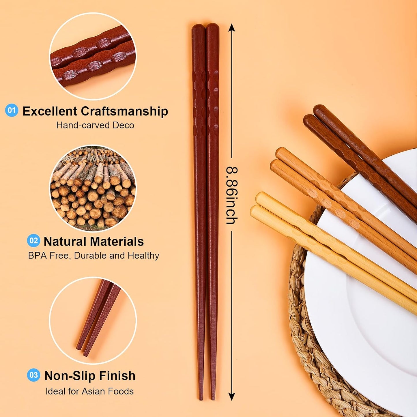 5 Pairs Japanese Minimalist Reusable Chopsticks, 8.8 Inch Non-Slip Natural Wood Set - Ideal for Sushi, Noodles, Rice | Chopsticks Gift Set for Asian Cuisine Lovers