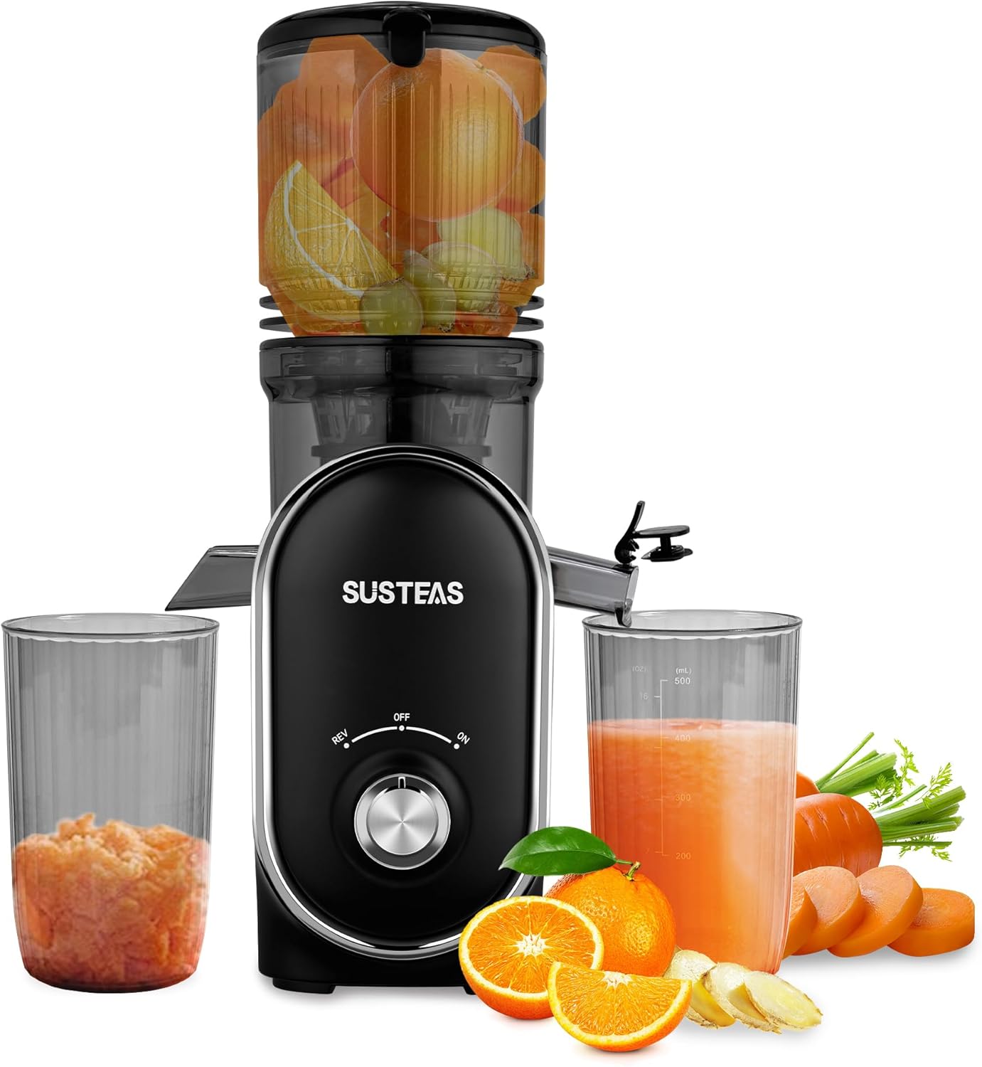 SUSTEAS Cold Press Juicer, 300W, 5.3" Large Feed Chute, 1.5L Capacity, Automatic Feeding, High Yield, Easy to Clean, Ideal for Whole Fruits & Vegetables, Black