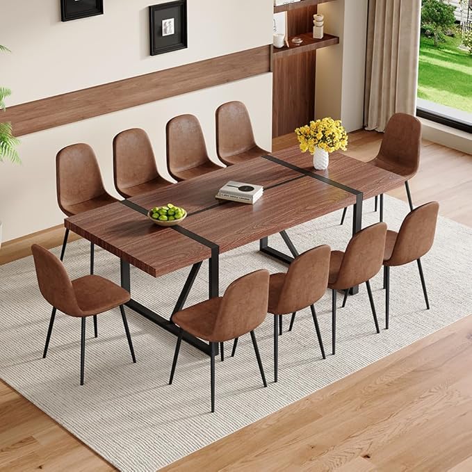 86.6" Dining Table Set for 10, Modern 11 Piece Wood Kitchen Table and Chairs Set, Large Rectangle Dining Table with 10 Suede Upholstered Chairs, Perfect for Family Gatherings and Dining Room