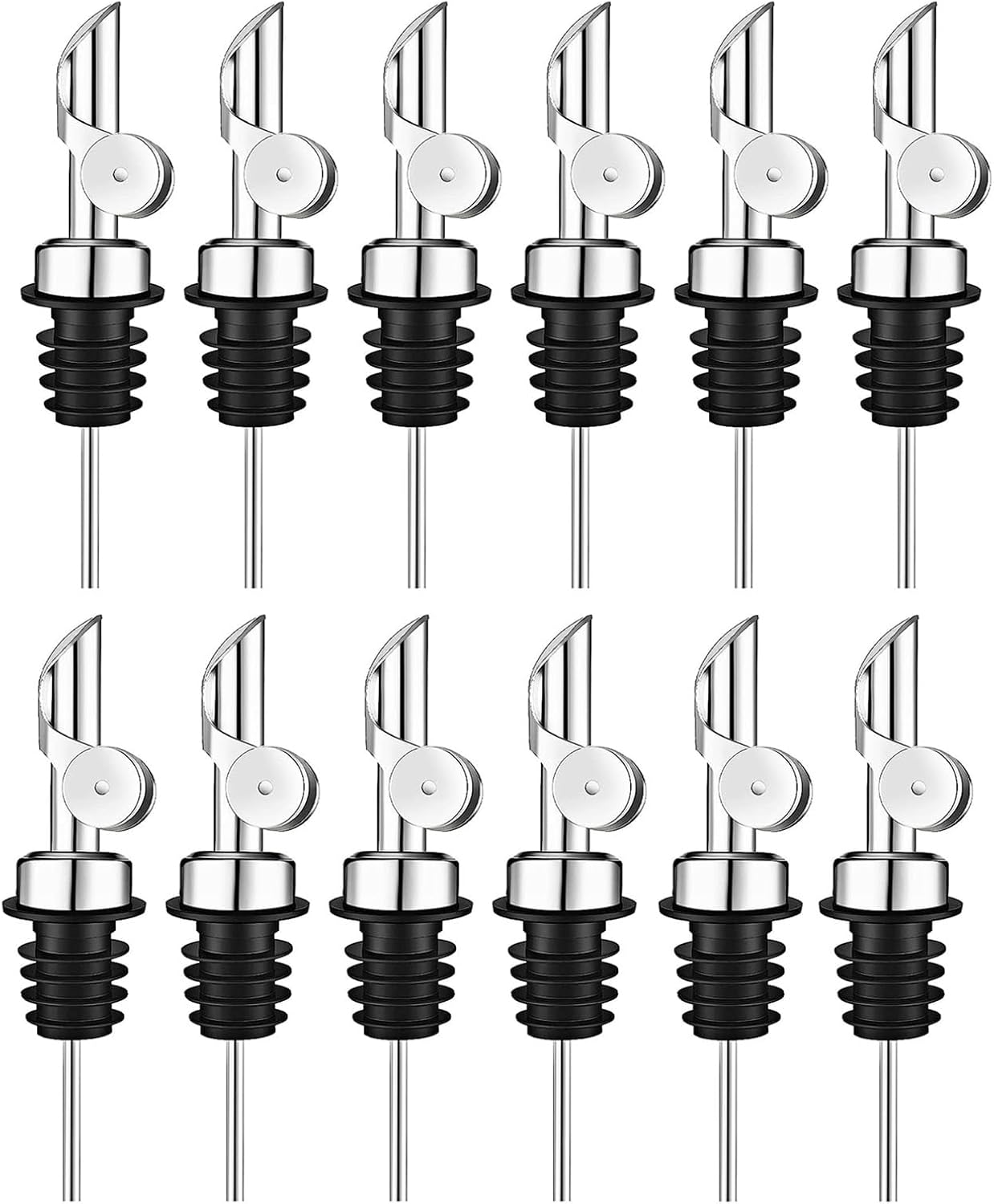 Pafusen 12 Pack Weighted Liquor Pour Spout, Auto Flip Olive Oil Dispenser Spout, Pour Spout for Liquor Bottles, Olive Oil Spout, Bottle Pourers for Alcohol Wine Syrup Home Bar Accessories Silver