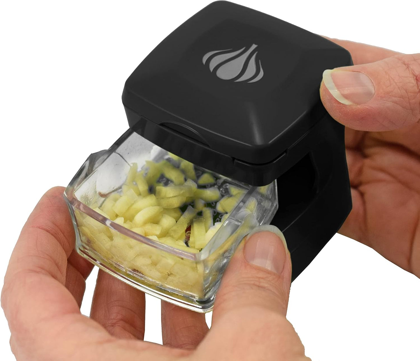 Garlic-A-Peel Garlic Press, Crusher, Cutter, Mincer, and Storage Container - Includes Silicone Garlic Peeler - Easy to Clean - Stainless Steel Blades – (Black), standard