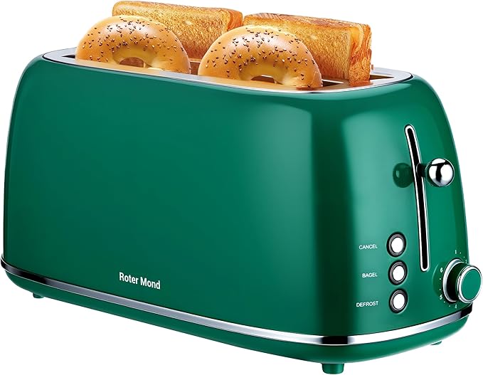 Roter Mond 4 Slice Toaster Retro Stainless Steel Toaster with Bagel, Cancel, Defrost Function and 6 Bread Shade Settings Bread Machine, Long Extra Wide Slots and Removable Crumb Tray, Green