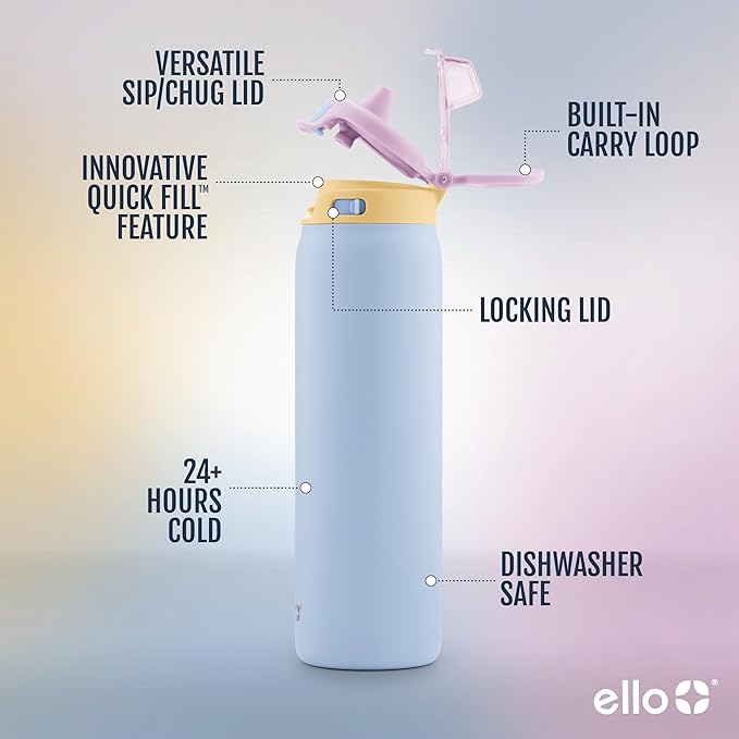 Ello Pop & Fill Stainless Steel Water Bottle with Quick Fill Technology, Double Walled Vacuum Insulated Metal, Leak Proof Locking Lid, Sip & Chug, BPA Free, Holiday Gift for Him Her, 22oz, 32oz, 40oz