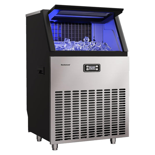 Commercial Ice Maker Machine, 200 lbs/24 Hours, 48 lbs Storage Bin, Stainless Steel, Blue Light, Freestanding, Great for Home or Business, Includes Ice Scoop, Connecting Hose