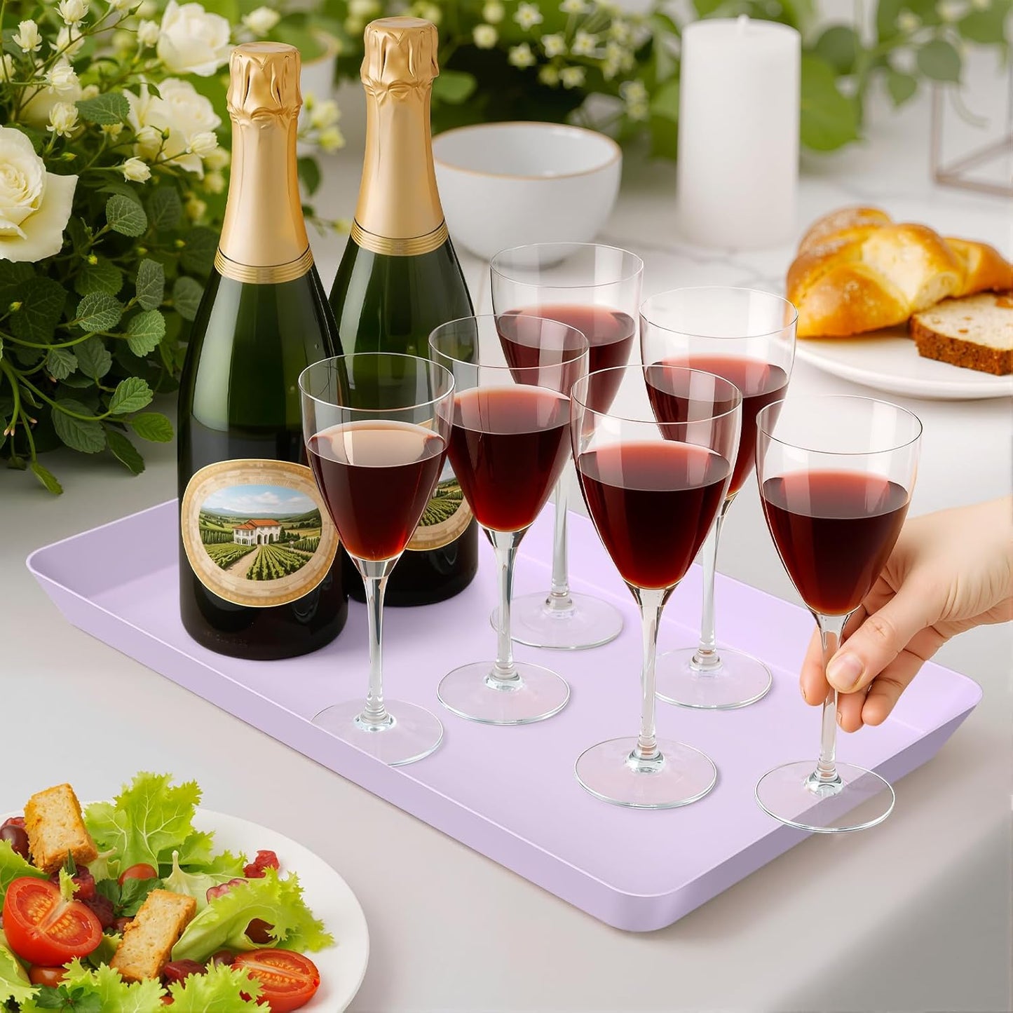 WOWBOX 4 pcs Serving Tray for Entertaining, Serving Platters for Snacks, Fruit, Cookies, Dessert, Reusable Plastic Trays for Serving Food and Pantry Organization in Kitchen & for Parties, (Purple)