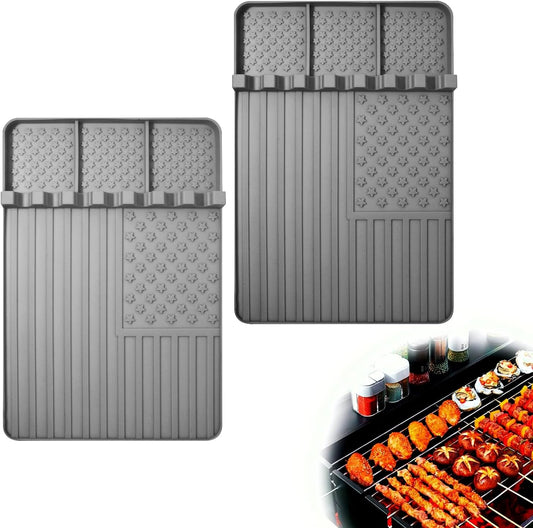 2 PCS Silicone Griddle Tools Mat for Blackstone,Grill BBQ Caddy Utensils Holder for Kitchen,Cooking & Countertop,Large Spatula Mat with Drip Pad,Griddle Accessories for Blackstone (Grey-2)