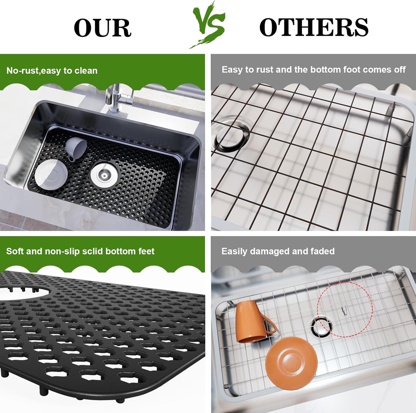 TOOVEM Silicone Sink Mat - Protectors for Kitchen Sink with Center Drain, 24.8''x13'' Kitchen Grid Accessory, Non-Slip Heat-Resistant Mat for Bottom of Farmhouse Porcelain Stainless Steel