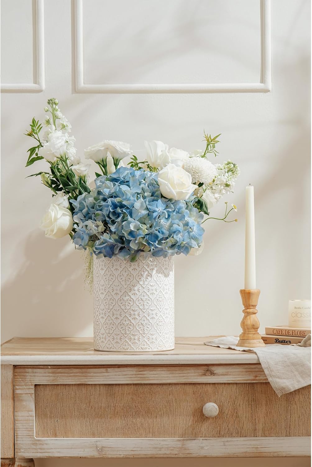 Kitchen Utensil Holder, 6x7 inch Large Ceramic Utensil Holder with Embossed Pattern, Cooking Utensil Crocks for Kitchen Countertop, Home Decor, Off-White