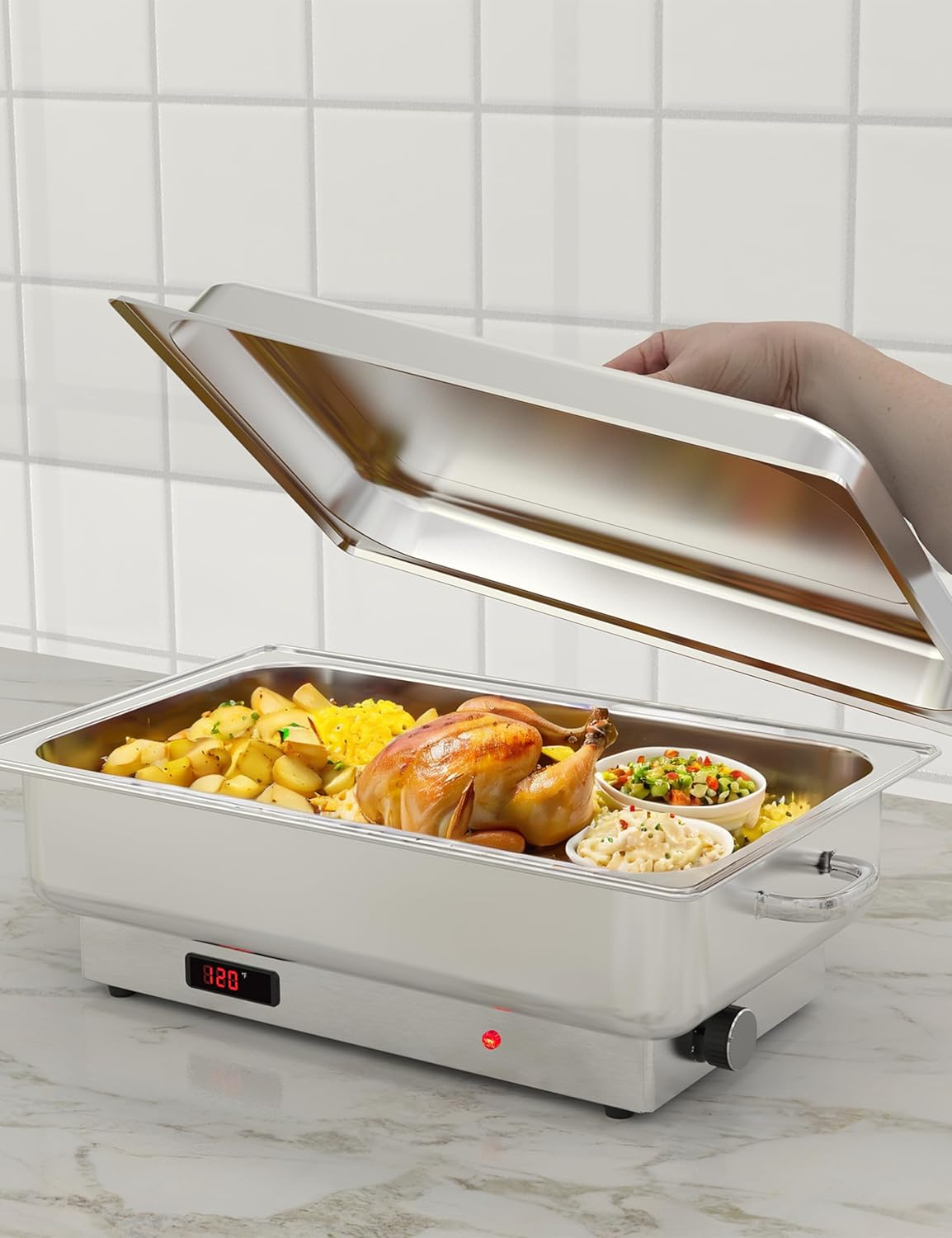 Electric Chafing Dish Buffet Set, 9QT Buffet Servers and Warmers Stainless Steel, Commercial Food Warmer with 1 Full-Size Pan & 2 Half-Size Pan, Temperature Control Display for Parties, Catering