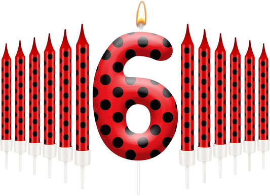 13PCS Ladybug Theme Birthday Candles Set - Red & Black Polka Dot Decorative Candles for Kids Ladybug Themed Parties, Baby Showers, Birthday Cakes, and Ladybird Inspired Celebrations(Number 6)