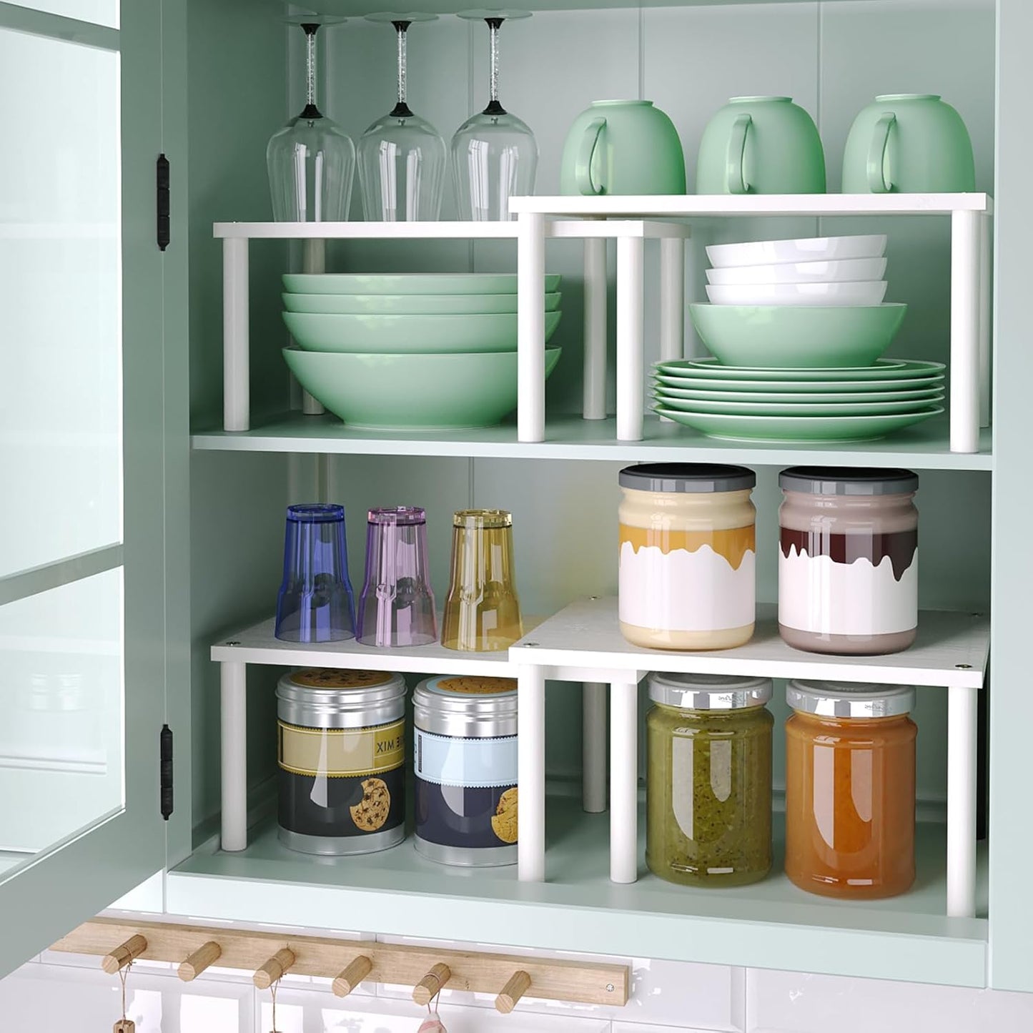 Cabinet Organizer Shelf(Set of 2),Kitchen Counter Shelves,Bamboo Spice Rack Countertop and Cabinet,Stackable Expandable,Medium,(White)