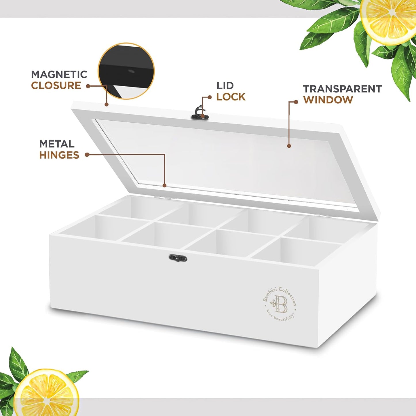 Bambüsi Tea Bag Organizer - Bamboo Tea Box Organizer Storage Box, Tea Bag Holder with Acrylic Window, Magnetic Lid Keeps Tea Bags Fresh - Tea Organizer Caddy (Tea Not Included) Christmas Gift - White
