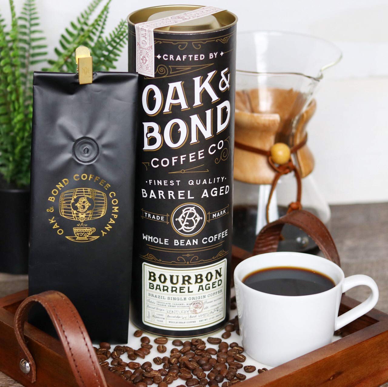 Oak & Bond Coffee Co. Bourbon Barrel Aged Coffee, Brazil Single Origin Whole Bean, Medium Roast - Chocolate, Caramel, Mandarin Orange, Sweet Bourbon Flavors - 10oz