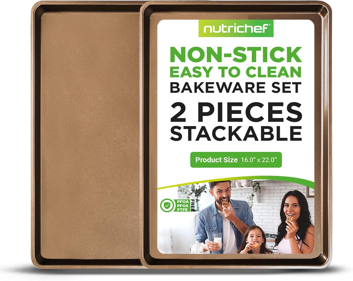 NutriChef 2-Piece Nonstick XL Cookie Sheets for Baking - 22" x 16" Extra Large Carbon Steel Oven Baking Trays - Non Stick Coating, Stackable Baking Pans, NCLGBP28