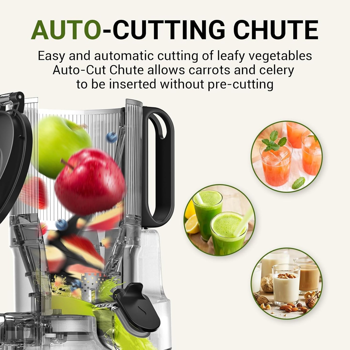 AMZCHEF Juicer Machines, 5.8" Extra Self-Feeding Cold Press Juicer for Whole Vegetable & Fruit, Juice Extractor Machine with Large Auger & Triple Strainers, Easy to Clean, High Juice Yield, Green