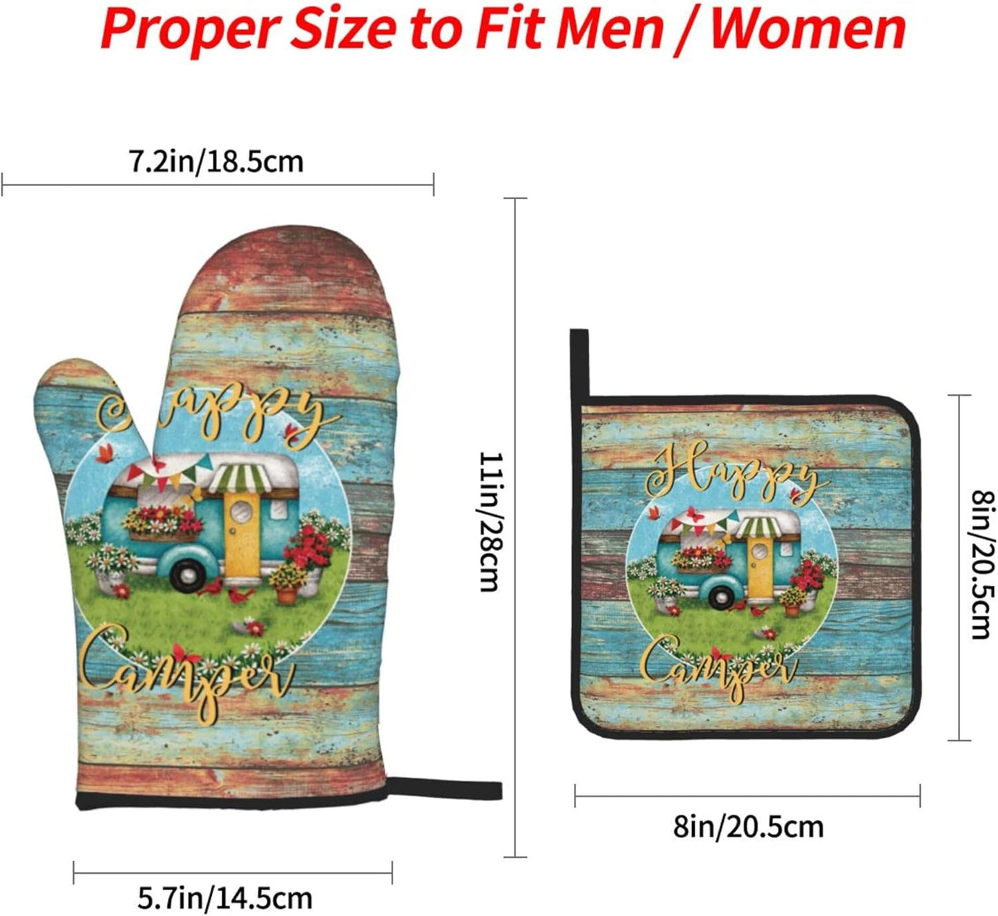 Happy Camper Oven Mitts and Pot Holders Sets of 4,Resistant Hot Pads with Polyester Non-Slip BBQ Gloves for Kitchen,Cooking,Baking,Grilling