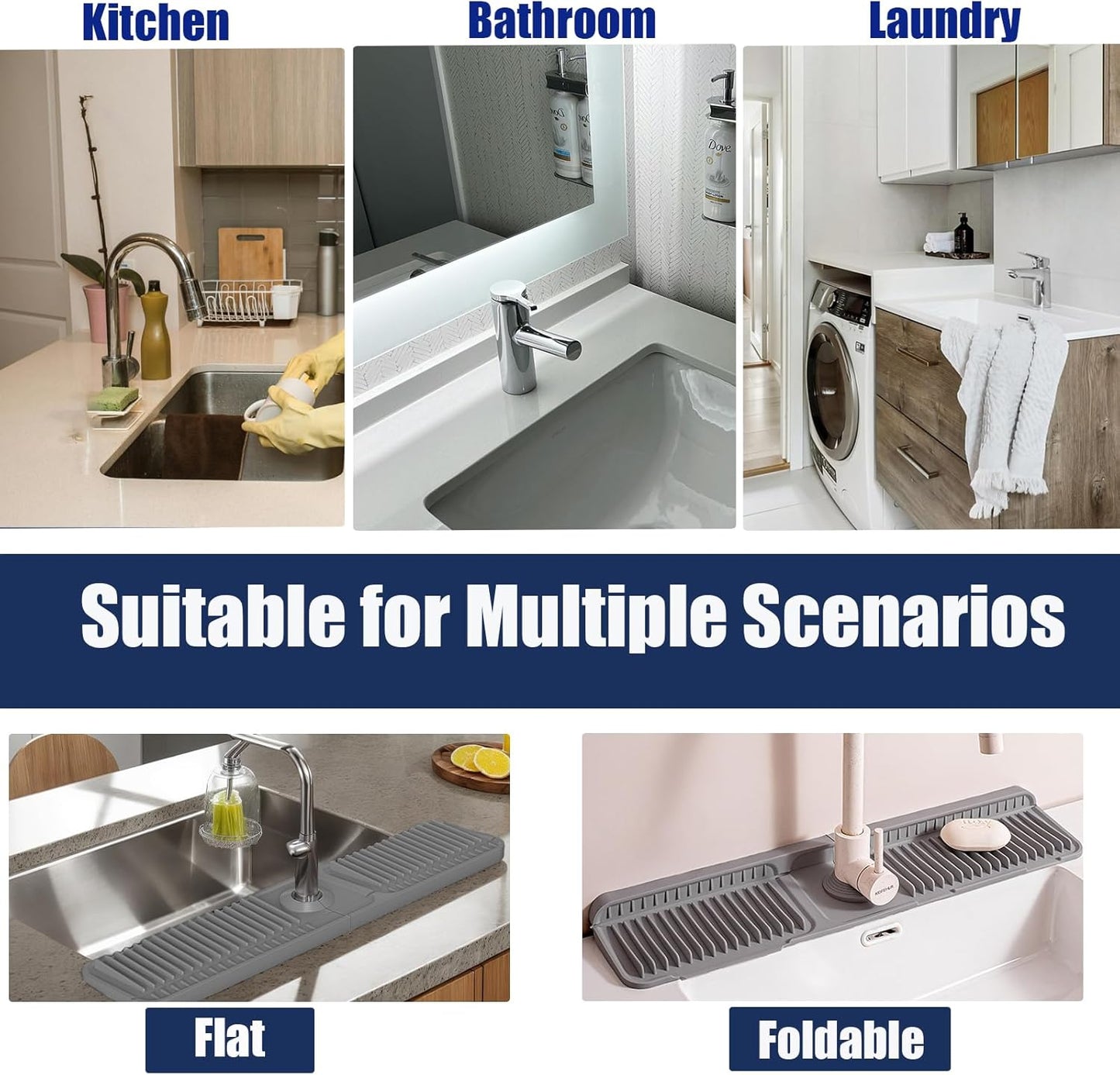 24" Silicone Faucet Mat for Kitchen Sink,Folding Sink Splash Guard Behind Faucet,Fasten Button & 6° Slope Design Faucet Drain Mat for Kitchen and Bathroom,Faucet Draining Mat(Gray）